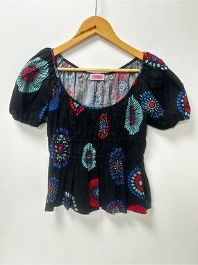 Kate Spade New York Firework Floral Riviera Top‎ Black Puff Sleeve Blouse Size S